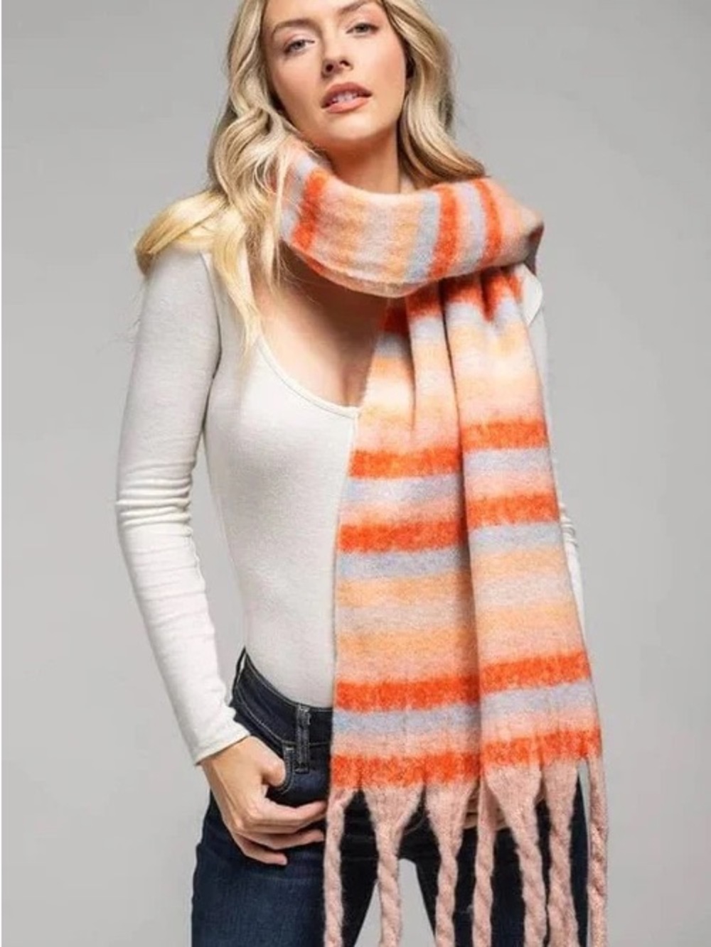 NWT Soft Striped Fringe Scarf in Orange and Cream - Picture 2 of 3